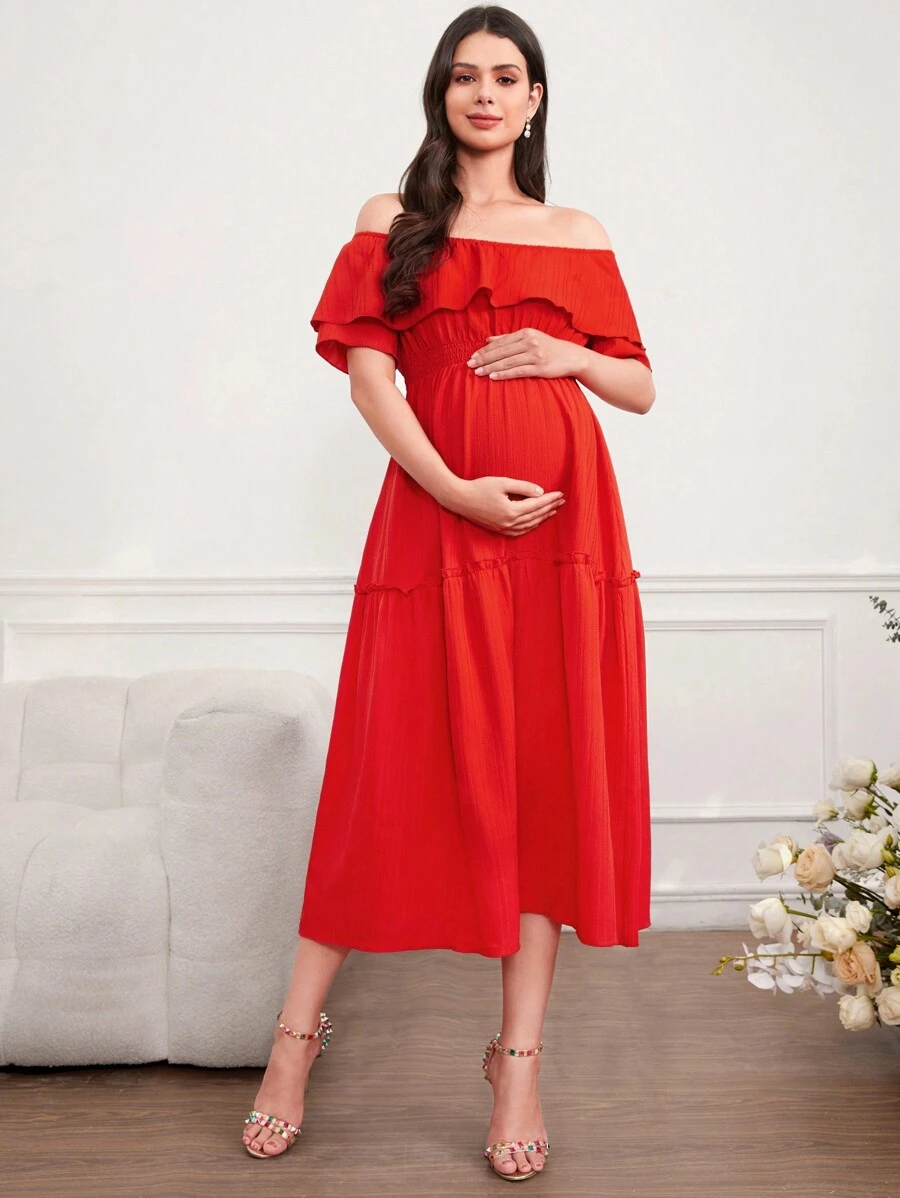 SHEIN Solid Color Maternity Off-Shoulder Dress With Cinching Waist