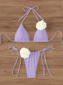 SHEIN Swim 顏色磚塊式紫色3d薔薇花頸帶比基尼套裝,配有分離的綁帶游泳褲底 - 紫丁香色 - 查看 4