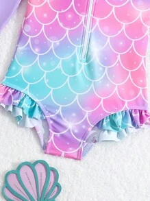 SHEIN Traje De Baño De Una Pieza Con Estampado De Escamas De Pez Para Bebé Niña, Manga Larga Con Borde Y Sombrero Con Volantes, Traje De Baño Para La Playa De Verano