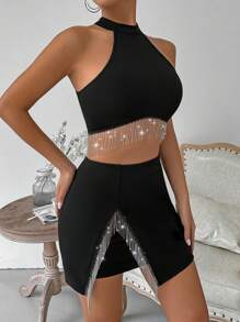 VaVaBold Top Corto De Lentejuelas Y Borlas Decorado Con Dobladillo Asimétrico Y Conjunto De Falda Entallada Al Cuerpo