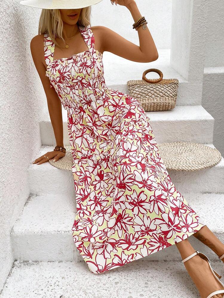 Floral Print Square Neck Sleeveless Dress