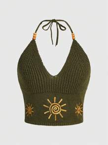 ROMWE Hippie Ärmelloses Top Mit Sonnenstickerei Und Trägern Aus Strickwaren