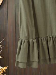 SHEIN LUNE 大尺寸純色前鈕袖襟連衣裙 - 軍綠色 - 查看 3