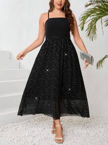 SHEIN Privé Kích thước lớn Thanh lịch & Thanh tú Lưới & Pha lê Khớp Của phụ nữ Dây đeo Đầm , Mùa hè , Lỏng lẻo phù hợp - màu đen - Xem 1