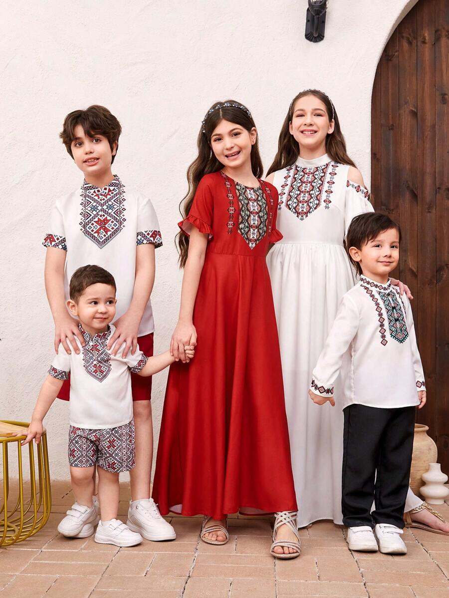 SHEIN Tween Girls' Cute Vacation Style Geometric Print Patchwork Round Neck Dress - Red - View 1