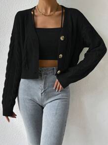 EMERY ROSE Solid Color Knitted Camisole Top And Buttoned Cardigan Fall Winter Cloth For Women - Black - View 7