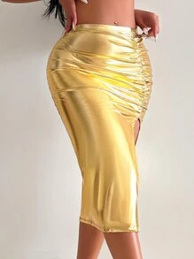 SHEIN Swim Metallic Texture Women's Split Hem Cover-Up Skirt - Gold - View 5