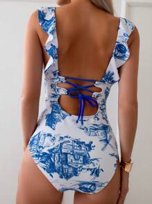 SHEIN Swim Blue & White Printed Strappy Backless One-Piece Swimsuit With Ruffle Trim - Multicolor - View 1
