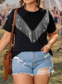 SHEIN LUNE 大码女式宽松 T 恤，带金属流苏装饰图案 T 恤女式上衣 - 黑色 - 查看 3