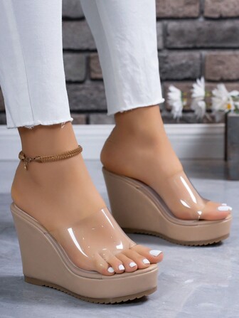 女士時尚透明平台高跟拖鞋,有腳趾環設計,厚底海綿蛋糕底