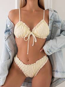 Swim Mod Summer Beach Tie Back Frill Trimmed Ornament Bikini Set - Apricot - View 7