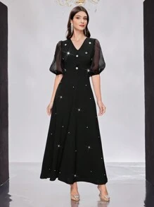 Modelyn Women's Bubble Sleeve Dress With Rhinestone ,Elegant Evening Party Dress Long Evening Dresses - Black - View 4