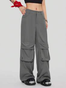 SHEIN EZwear Women's Cargo Solid Color Loose Fit Wide Leg Pants - Dark Grey - View 5
