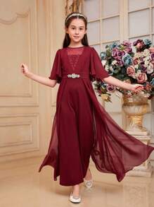 SHEIN Tween Girl 1 szt. Śliczny kombinezon z okrągłym dekoltem i kryształkami, z peleryną i rękawami - Burgund - Zobacz 3