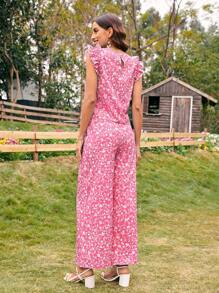 SHEIN VCAY 女式全花印花荷葉邊袖口雙件套裝 - 玫紅色 - 查看 2