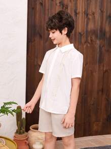 SHEIN Conjunto De Camisa De Manga Curta Solta E Shorts Casuais Para Meninos Tween Com Impressão Simulada De Folha De Ouro