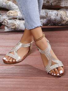 2024年夏季流行女士涼鞋,仙女風格,舒適柔軟底部,帶鑲鑽彈性帶、楔形跟 - 銀色 - 查看 3