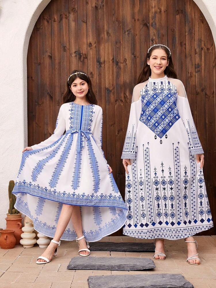 Tween Girls' Cute And Conservative Holiday Round Neck Long Sleeve Midi Dress