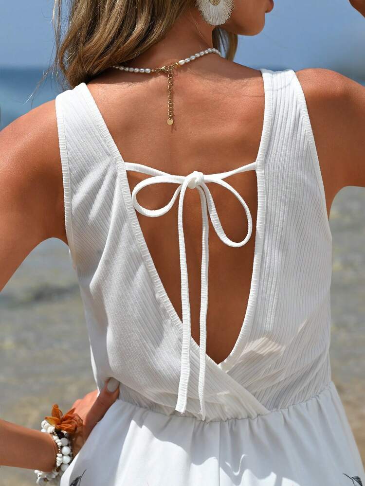 Feather Printed Vacation V-Neck Sleeveless Jumpsuit