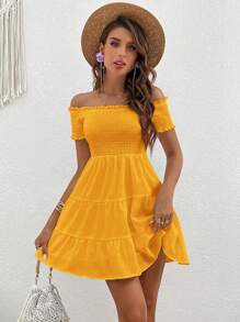 SHEIN VCAY Vestido De Verano unicolor Con Borde En Volante Y Hombros Descubiertos - Amarillo - Ver 3