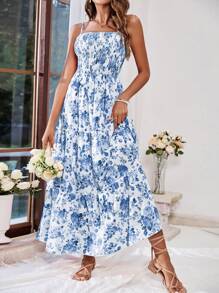 SHEIN VCAY Vestido de tirantes de espagueti para vacaciones con estampado floral en toda la prenda