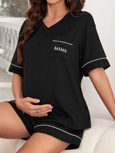 Moonlight&Mama Maternity Home Clothes With Contrasting Colors, Skinny Hem, Letter Pattern, Short Sleeve, Shorts And Pockets For Mother