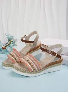 Sandali Multicolore Platform Con Tacco Zeppa Spessa Da Donna Con Suola In Corda Di Iuta, Estate