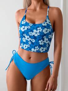 SHEIN Swim 夏季沙灘Y2k花卉拼接印花側拉繩背心泳裝套裝，2件式背心泳裝套裝 - 彩色 - 查看 3