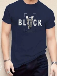 Manfinity Dauomo 男士標語圖案T恤 - 藏蓝色 - 查看 1