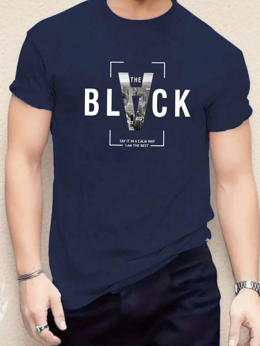 Manfinity Dauomo 男士標語圖案T恤 - 藏蓝色 - 查看 1