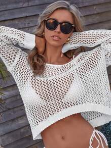 SHEIN Swim 女士圆领镂空长袖罩衫，适合度假、夏季海滩穿着 - 白色 - 查看 3