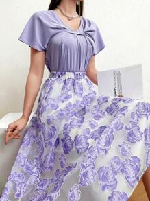 Modelyn 女式圆领褶裥蝙蝠袖上衣和花卉印花裙组合两件套 - 紫色 - 查看 1