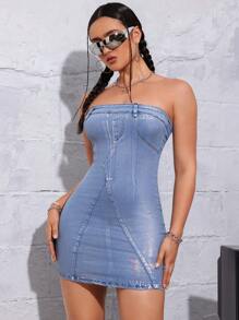 SHEIN ICON Sexy Street Music Festival Metallic Elastic Bodycon Strapless Mini Denim Dress - Dark Wash - View 1