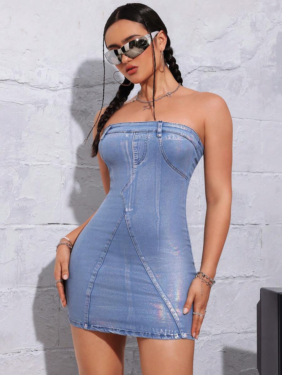 SHEIN ICON Sexy Street Music Festival Metallic Elastic Bodycon Strapless Mini Denim Dress - Dark Wash - View 1