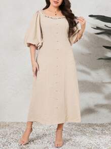Mulvari Vestido De Tamaño Grande De Manga De Linterna De Color Sólido Con Botones Decorativos - Caqui - Ver 8