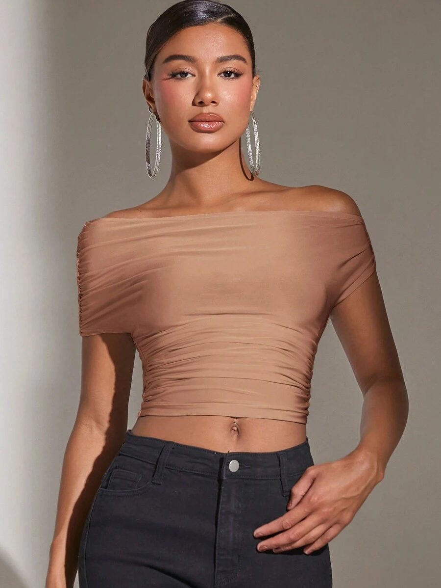 SHEIN BAE Áo croptop nữ màu trơn trễ vai xếp ly - Màu Khaki - Xem 1
