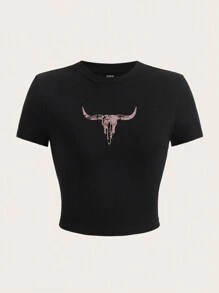 SHEIN EZwear 休闲简约牛头图案圆领短袖短款修身女式T恤，适合夏季 - 黑色 - 查看 1