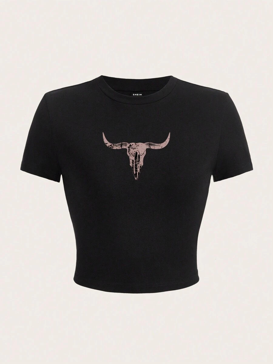SHEIN EZwear 休闲简约牛头图案圆领短袖短款修身女式T恤，适合夏季 - 黑色 - 查看 1