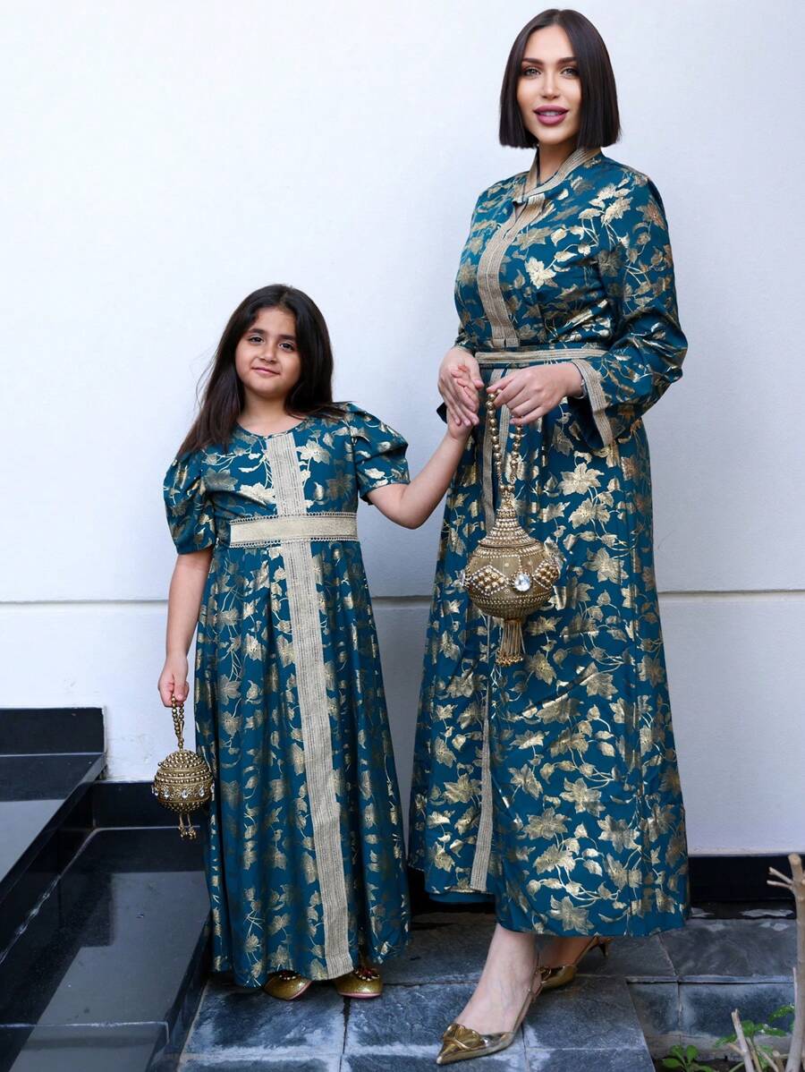 Al Najma Women's Foil Printed Patchwork Woven Belt Dress