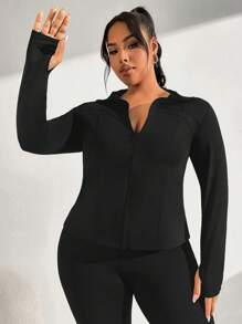 Rhythm Era Plus Size Zip Up Thumb Holes Sports Jacket & Holes Sports Jacket & Leggings Fit Set Workout Women Set - Black - View 6