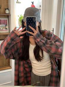 Tartan Oversized Hooded Shirt, Ladies Casual Pocket Long Sleeve Hooded Loose Regular Red Drop Shoulder Shirt Women Blouses, Spring/Fall, Casual Daily Wear,Long Sleeve Tops