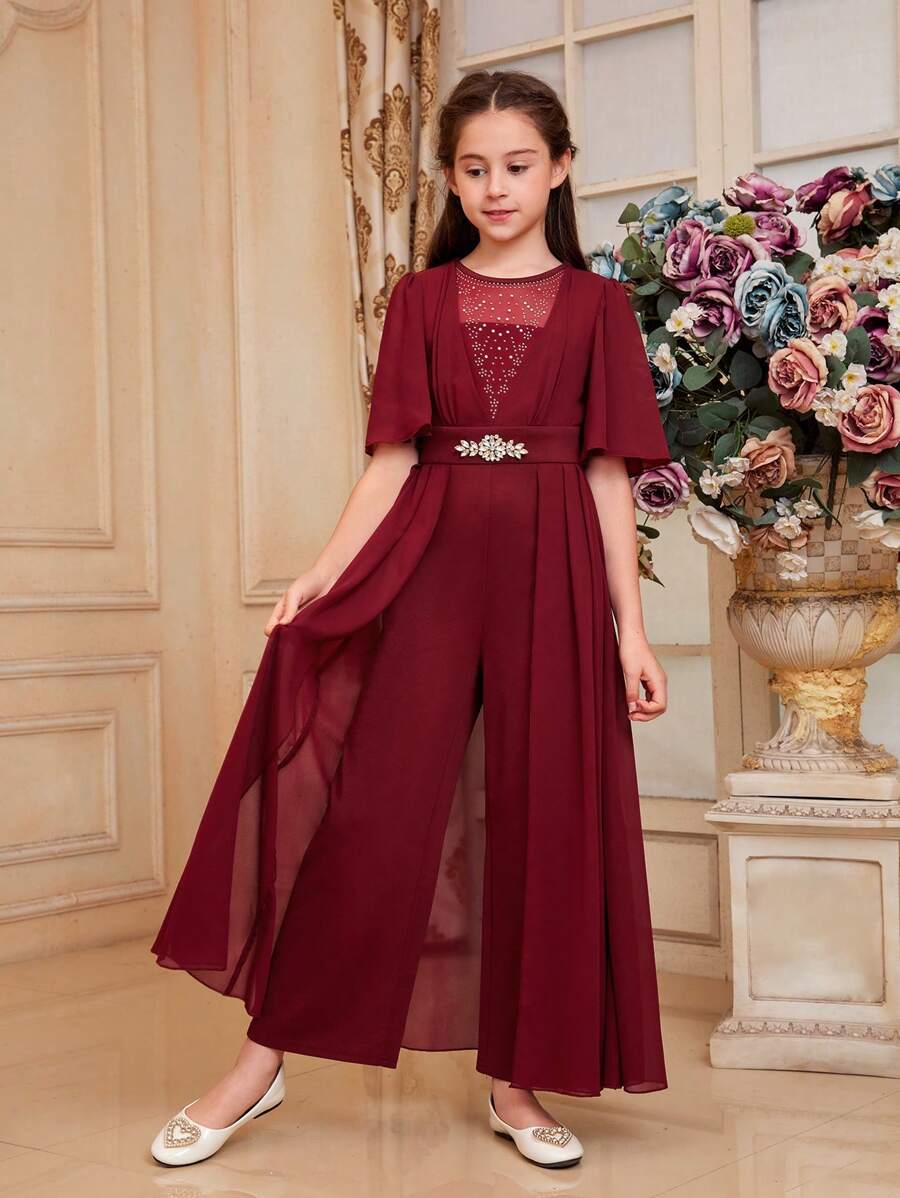 SHEIN Tween Girl 1 szt. Śliczny kombinezon z okrągłym dekoltem i kryształkami, z peleryną i rękawami - Burgund - Zobacz 1