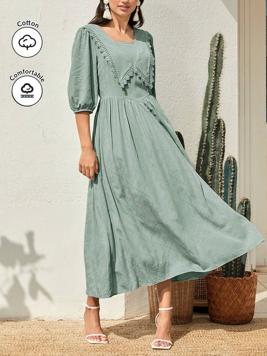 Seusyu Solid Color Patchwork Water Soluble Lace Square Neck Lantern Sleeve Dress - Green - View 1