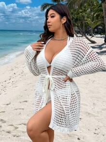 SHEIN Clasi Plus Size Women's Hollow Out Drop Shoulder Cardigan - White - View 5