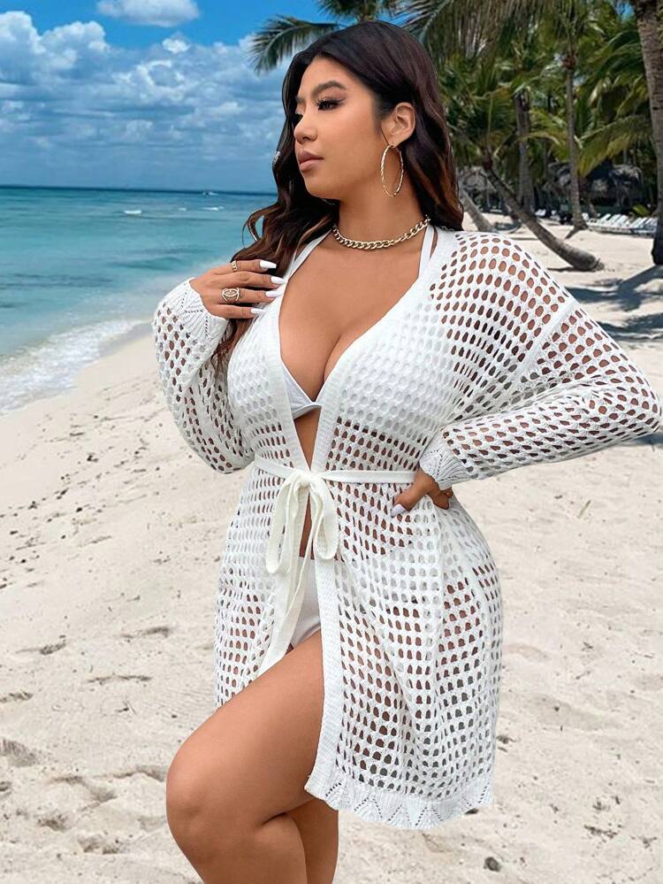 Plus Size Women's Hollow Out Drop Shoulder Cardigan