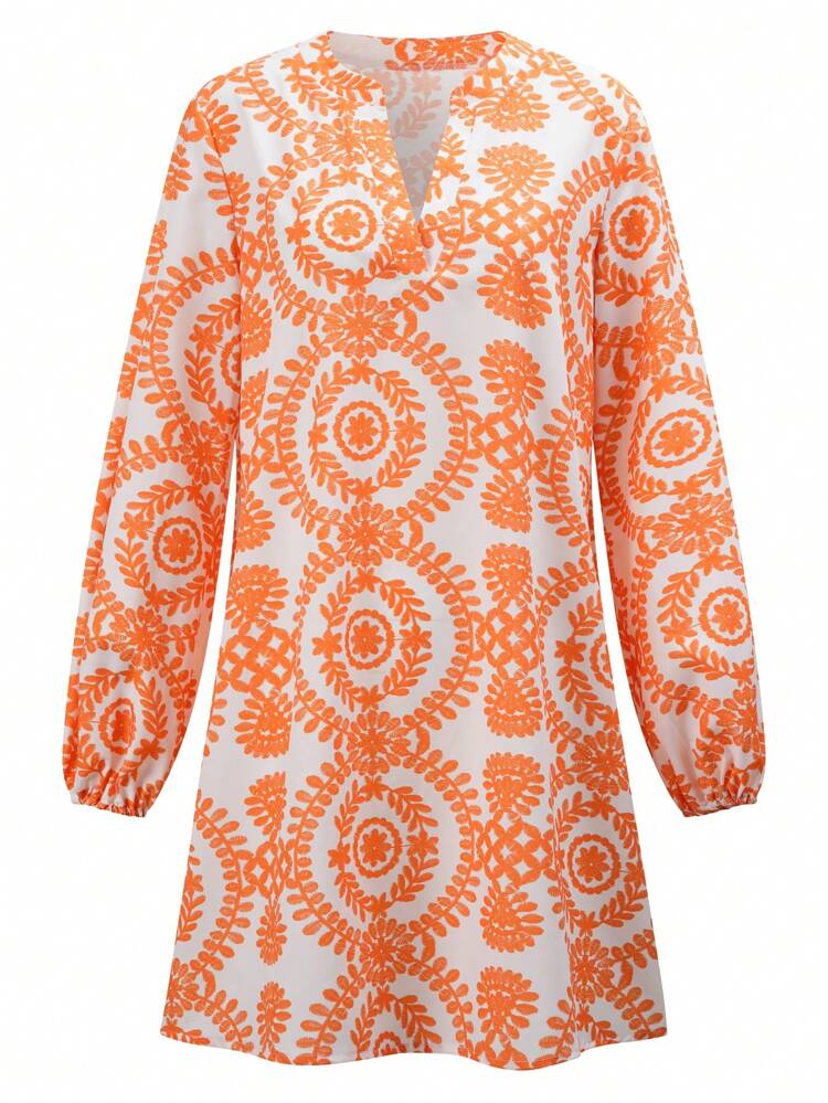 Women's  Lantern Sleeve Dress With All-Over Print Fall Cloth For Women