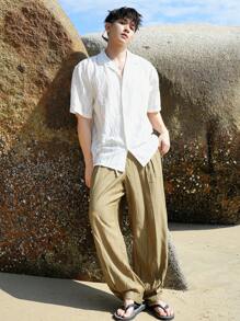 DAZY 男士夏季波浪条纹衬衫，秋季度假服装 - 米色 - 查看 5