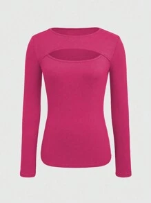INAWLY Women's Round Neck Hollow Out Long Sleeve T-Shirt Fall Cloth For Women - Hot Pink - View 3