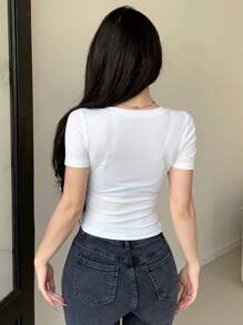 Dazy Designer Top Corto De Medio Botón Sólido Con Cuello En V Y Manga Corta Para Mujer - Blanco - Ver 5