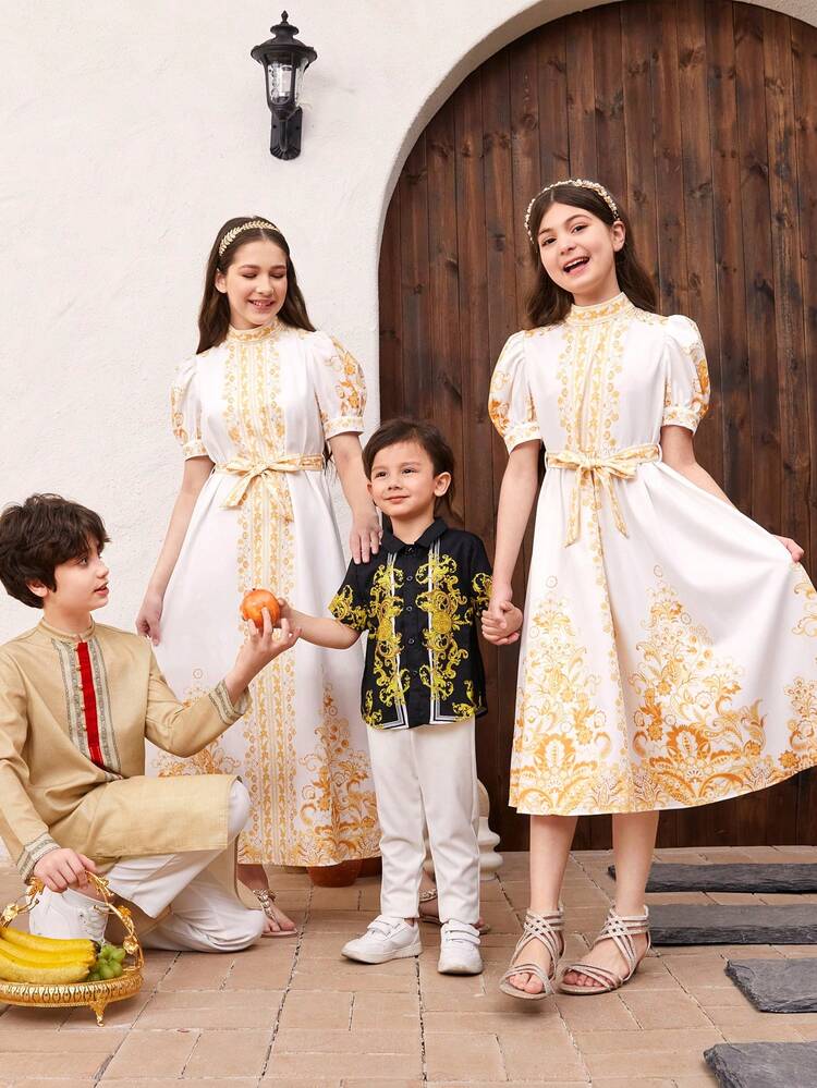 Tween Girls' Cute Stand Collar & Pattern Printed Short Sleeve Dress